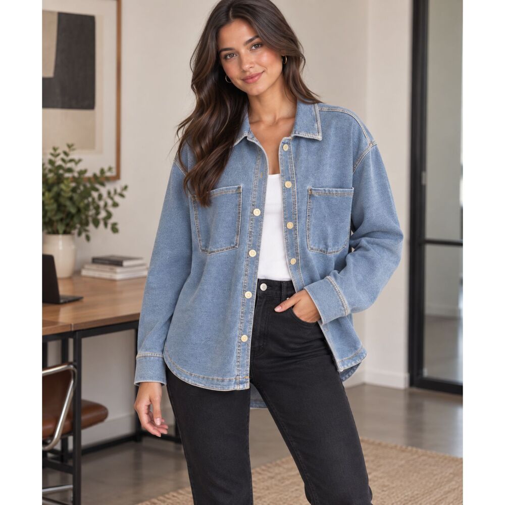 Stitch Star Womens Size Large Blue Denim Look Knit Shacket Button Front Stretch